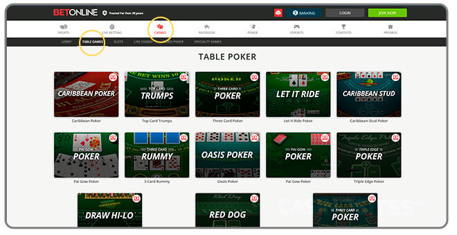 Image of Casino Poker Game Selection at BetOnline