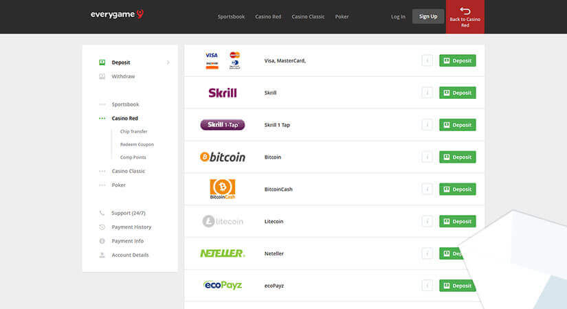 Image of payment options to Choose from at Every Game Casino
